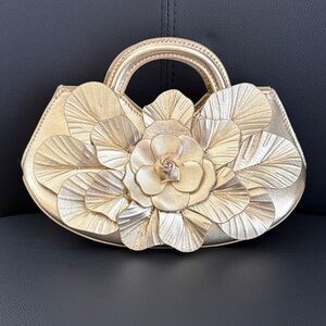 Anne Fontaine Elegant Gold Floral Leather Handbag Small